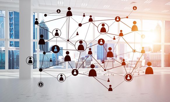 Lines connected with dots as social communication concept in office interior. 3D rendering