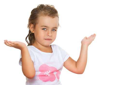 Beautiful little girl posing in the studio. Children's emotions concept. Close-up. Isolated on white background.