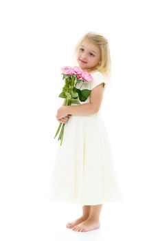 Little girl with a beautiful bouquet of flowers. The concept of holidays, family and children. Isolated on white background.