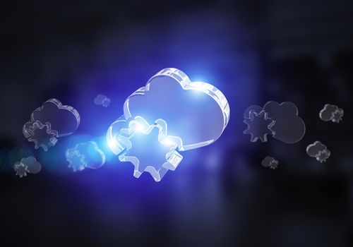 Glass cloud icon as concept for cloud computing on interior background. Mixed media