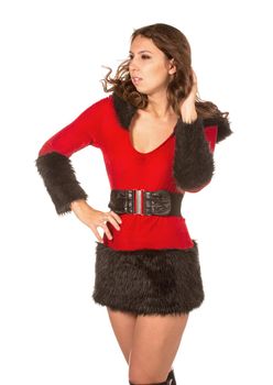 Beautiful young woman dressed with Christmas costume, isolated over white