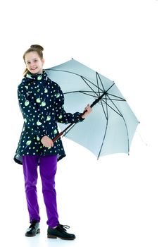 Beautiful little girl with umbrella. Concept of weather, climate change. Isolated on white background