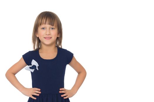 Beautiful little girl posing in the studio. Children's emotions concept. Close-up. Isolated on white background.