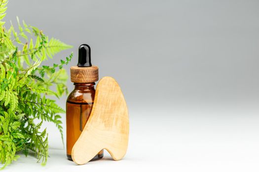 Oil bottle and gua sha wooden scraper massager tool at gray background. Beauty treatment concept. Copy text for text