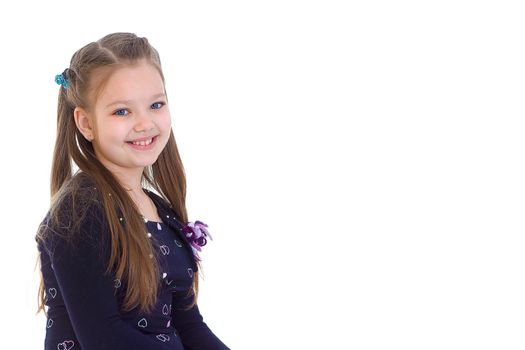 Beautiful little girl posing in the studio. Children's emotions concept. Close-up. Isolated on white background.