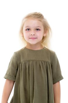 Beautiful little girl posing in the studio. Children's emotions concept. Close-up. Isolated on white background.