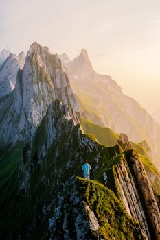 Ridge of the majestic Schaefler peak in the Alpstein mountain range Appenzell, Switzerland Berggasthaus Schafler. Altenalptuerme mountain ridge swiss Alpstein Appenzell Innerrhoden Switzerland,