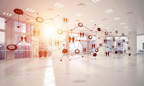 Lines connected with dots as social communication concept in office interior. 3D rendering