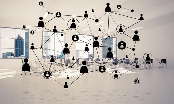 Lines connected with dots as social communication concept in office interior. 3D rendering