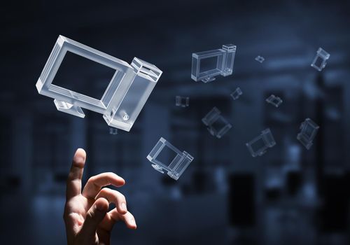 Close of businessman hand touching glass cloud computing concept. Mixed media