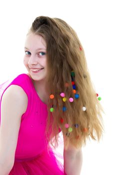 Girl gymnast school age with long silky hair in which scattered multi-colored confetti. The concept of sport and fashion. Isolated on white background.