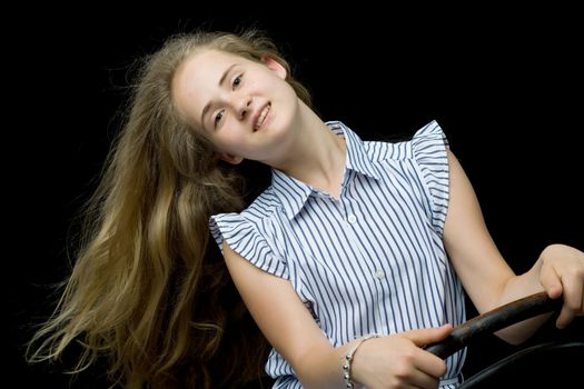 Schoolgirl teenage girl studio portrait close-up. Isolated