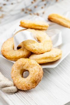 Group of Butter Biscuits Round Shape, Shortbread as kind of fresh homemade bakery on white board background