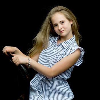 Schoolgirl teenage girl studio portrait close-up. Isolated