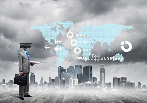 Businessman with camera instead of head and media user interface on screen