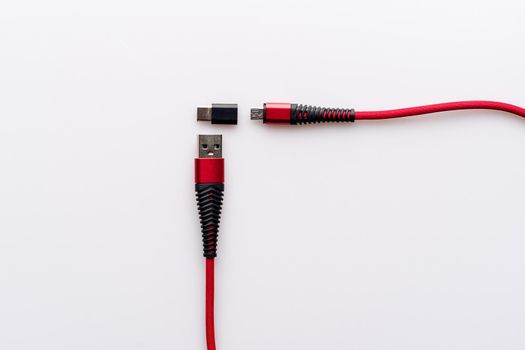 Charging and connection red cable USB to micro with type c adapter - image