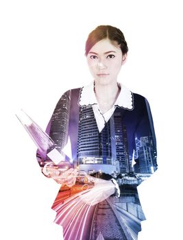 Double exposure of business woman with folders against the city isolated on white background