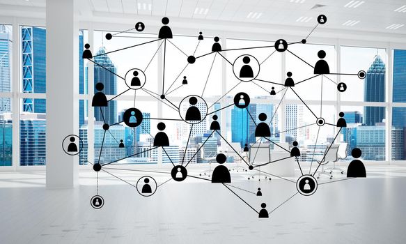 Lines connected with dots as social communication concept in office interior. 3D rendering