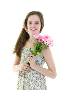 Little girl with a beautiful bouquet of flowers. The concept of holidays, family and children. Isolated on white background.