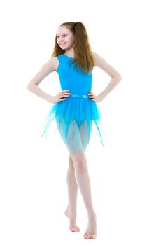 A gymnast girl prepares for the exercise. The concept of childhood and sport, a healthy lifestyle. Isolated on white background.