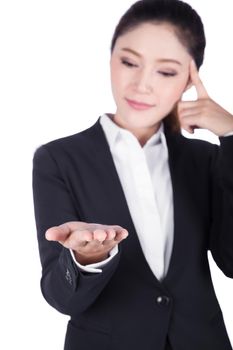 business woman open hand holding something and thinking isolated on white background