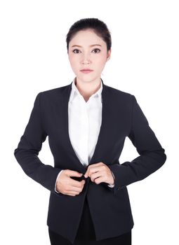 business woman buttoning her suit isolated on white background