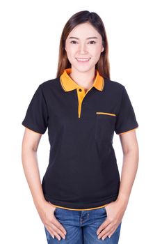 happy woman in black polo shirt isolated on white background