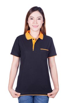 happy woman in black polo shirt isolated on white background