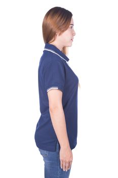woman in blue polo shirt isolated on a white background (side view)