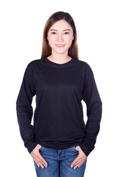 happy woman in black long sleeve t-shirt isolated on a white background