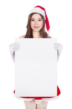 beautiful sexy woman wearing santa claus clothes with blank sign isolated on white background