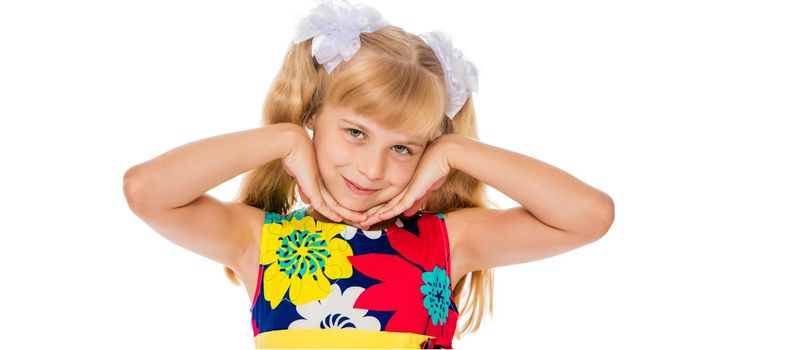 Beautiful little girl close-up. The concept of beauty and fashion, happy childhood. Isolated on white background.