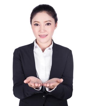 business woman open hand holding something isolated on white background