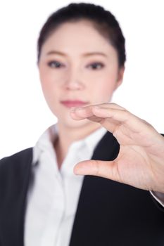 business woman hand holding something isolated on white background