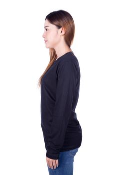 woman in black long sleeve t-shirt isolated on a white background (side view)