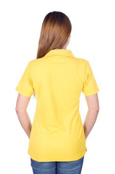 woman in yellow polo shirt isolated on a white background (back side)