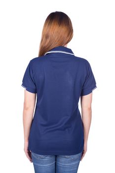 woman in blue polo shirt isolated on a white background (back side)