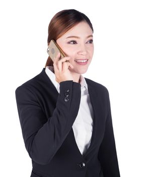 business woman talking on smartphone isolated on white background