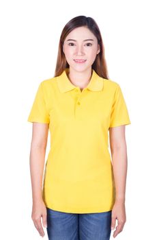 happy woman in yellow polo shirt isolated on white background