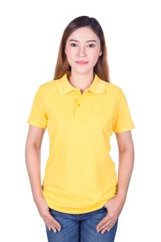 happy woman in yellow polo shirt isolated on white background