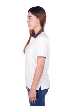 woman in white polo shirt isolated on a white background (side view)