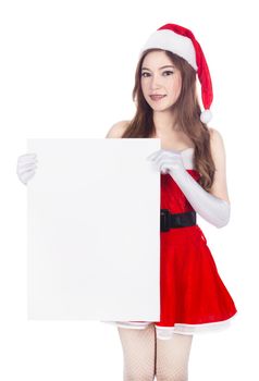 beautiful sexy woman wearing santa claus clothes with blank sign isolated on white background