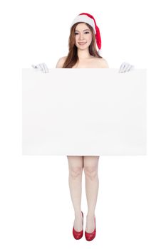 beautiful sexy woman wearing santa claus clothes with blank sign isolated on white background