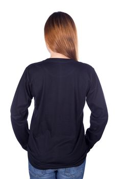 woman in black long sleeve t-shirt isolated on a white background (back side)