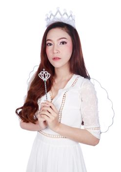 portrait of beautiful young woman angel isolated on a white background