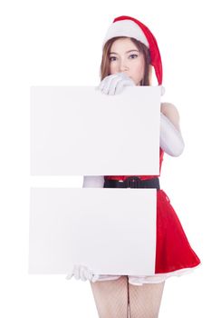 beautiful sexy woman wearing santa claus clothes with blank sign isolated on white background