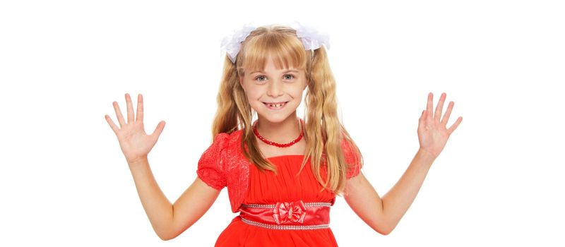 Beautiful little girl close-up. The concept of beauty and fashion, happy childhood. Isolated on white background.