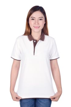 happy woman in white polo shirt isolated on white background