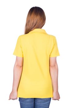 woman in yellow polo shirt isolated on a white background (back side)