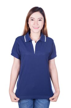 happy woman in blue polo shirt isolated on white background